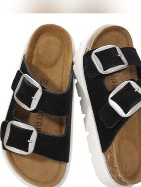 Project Cloud Greece Chunky Platform Double Buckle Black Leather Women's 8